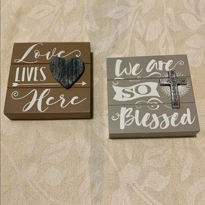 Two Square 6”x6” Wooden Art Signs w/raised silver 🤍& ✝️ accents.